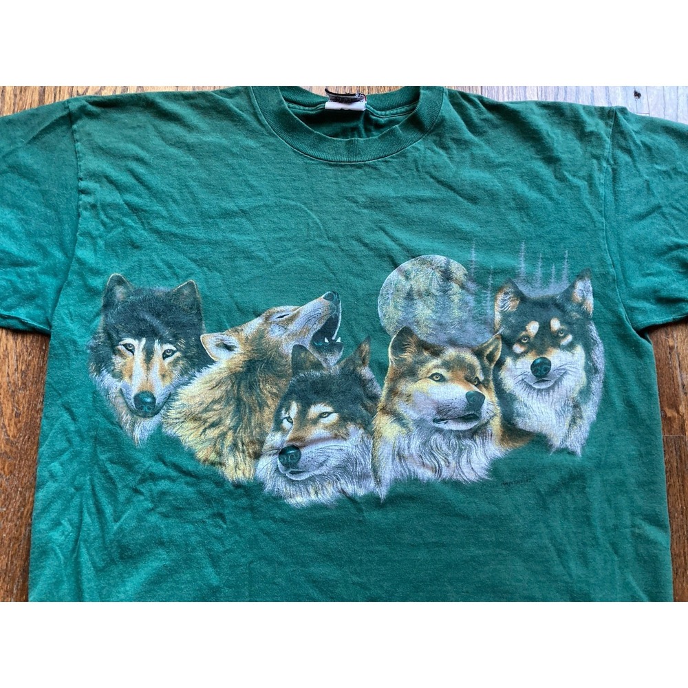 Vintage Wolf T Shirt Mens Large Green 90s Double Sided Native American Signal - Picture 2 of 10
